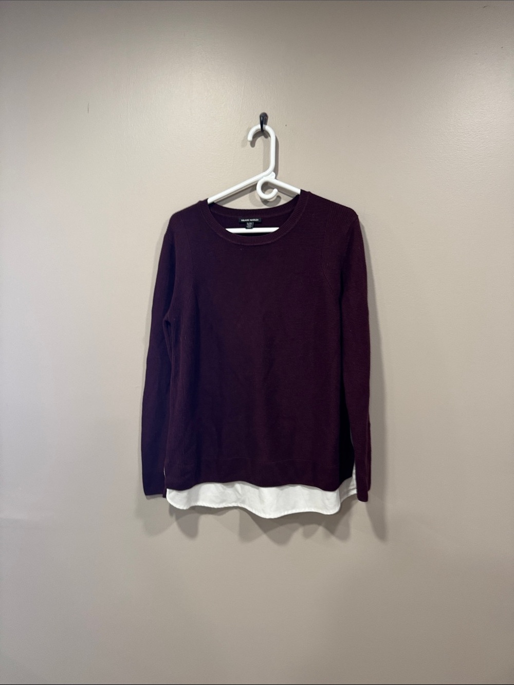 Hilary Radley Plum Crewneck Sweater with White Layered Hem